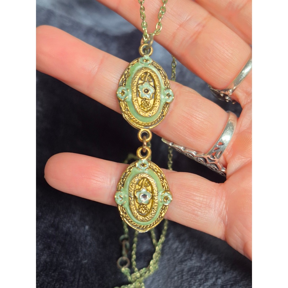 Vintage Gold Tone Green Enamel Drop Necklace Victorian Revival Patina Long